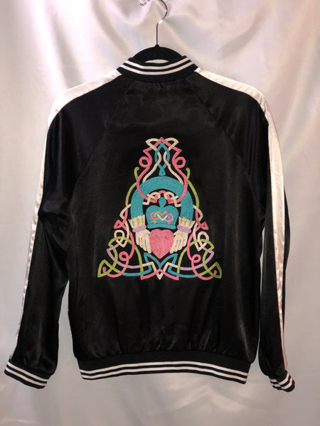 black and white satin bomber jacket