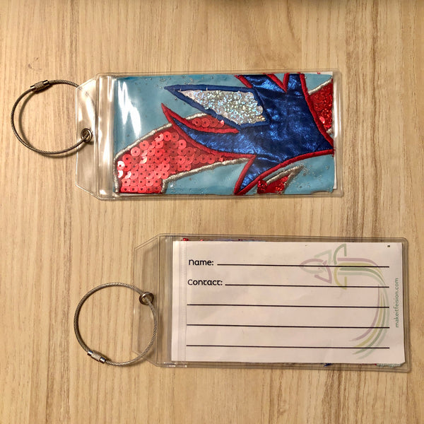 blue red luggage tags