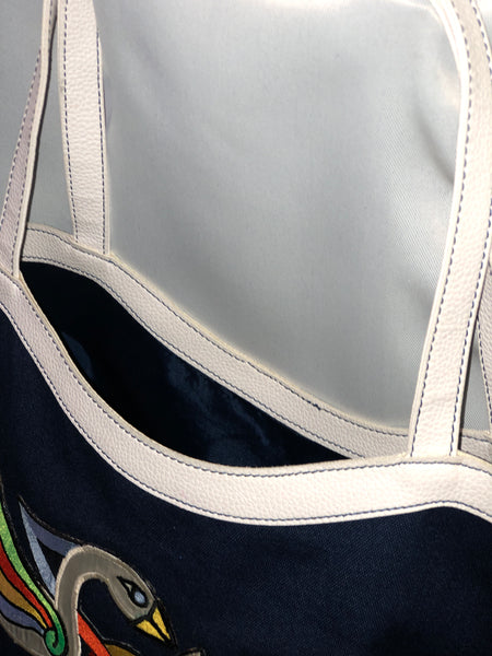 navy blue and white open top tote handbag