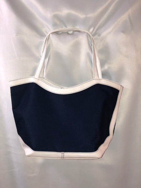 navy blue and white open top tote handbag